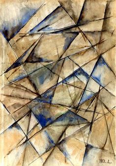 an abstract painting with blue and brown lines on the bottom half of it, as well as