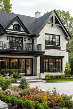 a large white and black house with lots of flowers in the front yard, landscaping around it