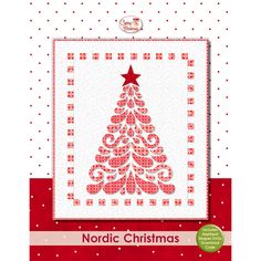 a cross stitch christmas tree on a red and white background with the words nordic christmas written in