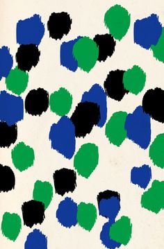 an abstract painting with blue, green and black dots on white paper in the shape of hearts