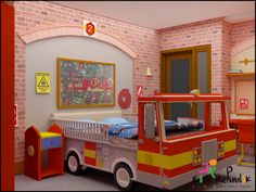 a fire truck bed in a child's bedroom with red brick walls and flooring