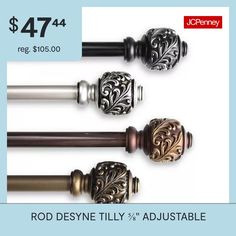 four different styles of curtain rods and pulls with the price $ 474 00 reg $ 150 00