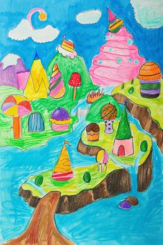 a child's drawing of an island with lots of colorful things on the water