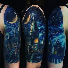 some people with tattoos on their arms and one has a castle in the sky at night