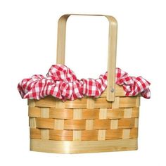 a wooden basket with a red and white checkered bow on the handle is shown