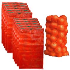 an orange bag filled with lots of orange balls next to a red bag full of orange balls