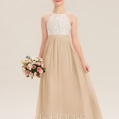 For A Sweet Look, This Long Junior Bridesmaid Dress Has An Illusion-Sweetheart Floral-Lace Bodice With A High Scoop-Neckline. Thin Straps Attach At The Neck And Create A Triangle Cut Out On The Back. The Long Chiffon Skirt Gathers At The Banded Waistline And Flows To A Formal Floor Length. Size: Junior 8 | Bust: 26 Waist: 24 Hips: 29 Color: Champagne Silhouette: A-Line Neckline: Scoop Neck Length: Floor-Length Fabric: Chiffon, Lace Straps: Spaghetti Straps Sleeve: Sleeveless Back Style: Zipper U Jj House Dresses, Cream Bridesmaid Dresses, Jj House, Long Chiffon Skirt, Junior Bridesmaid Dress, Bridesmaid Dress Colors, Lace Straps, Color Champagne, Junior Bridesmaid Dresses