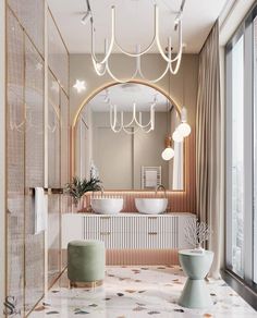 the bathroom is decorated in white and gold with an oval mirror over the sink, two round stools on either side