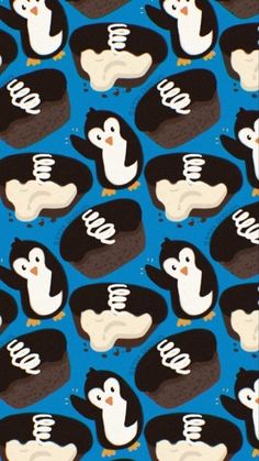 a bunch of black and white penguins on a blue background, with one penguin in the middle