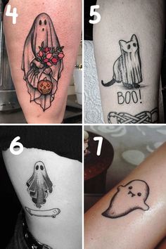 four different tattoos on the legs of people with ghost and cat designs, one in black and white