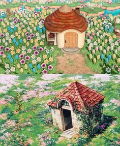 an image of a small house in the middle of a field with flowers on it