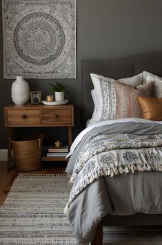 a bedroom with gray walls and white bedding, rugs and artwork on the wall