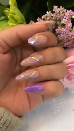 "Your nails are the canvas, and you're the artist. Paint it beautiful! 🖌️💅" Lilac And Gold Nails Acrylic, Lilac With Gold Nails, Purple Tangled Nails, Repunzle Theme Nails, Purple Rapunzel Nails, Purple And Gold Wedding Nails, Purple White And Gold Nails, Purple And Gold Prom Nails, Repunzal Tangled Inspired Nails