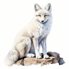 a white fox sitting on top of a rock