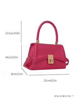 a pink handbag with measurements for the handle and shoulder strap, which is also attached to