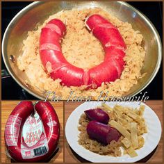 there are three different foods in the pans and one is hot dog, onion rings, and rice