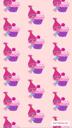 a pink wallpaper with cupcakes and cherries on it's side