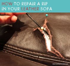 a person is stitching the leather on a piece of furniture with scissors and thread