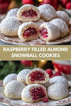 raspberry filled almond snowball cookies on a plate