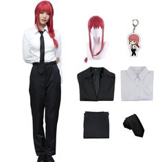 a woman with red hair wearing black pants and tie