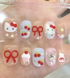 Nail Party, Hello Kitty Nails Art, Hello Nails, Cute Nail Art Designs, Cherry Cake, Hello Kitty Nails, Blush Nails