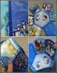 four different pictures of christmas cards with snowmen and penguins on them, one is open to show the inside