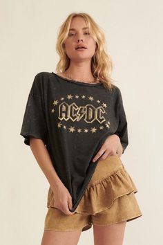 AC/DC Stars Logo Distressed Graphic Tee - ShopPromesa Ac Dc Logo, Distressed Graphic Tee, Acdc Logo, Stars Logo, Dc Logo, Stars Graphic, Leopard Print Outfits, Distressed Tee, Star Logo