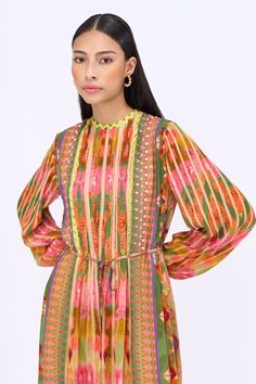 Multicolor kaftan dress with engineered floral print and wave applique embroidery on neckline. Paired with belt. - Aza Fashions Silk Dress With Multicolor Embroidery For Eid, Festive Multicolor Ikat Print Dress, Traditional Dresses With Vibrant Print For Festive Occasions, Traditional Dresses With Vibrant Print For Festive Season, Multicolor Tunic Dress For Eid, Multicolor Dress With Printed Motifs For Eid, Multicolor Anarkali Maxi Dress For Spring, Multicolor Silk Ikat Print Dress, Eid Tunic Dress With Printed Motifs