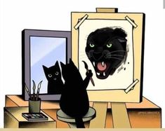 a black cat sitting on top of a desk next to an easel