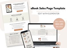 the ebook sales page template is displayed on two laptops, one with an image of a