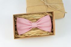 "Pink color linen pre-tied bow ties for man and toddler baby boys / Wedding neckties for groomsman and groom ☞ Material - 100% Linen. ☞ Made to order. ☞ Handmade. ☞ ATTENTION - Please read delivery times carefully. \"Ready to ship\" time - is the time we need to make the order and prepare it to ship. ☞ All local and international shipments are sent by REGISTERED air mail and have a tracking number. We also provide express shipping. All ties are packaged in a gift box! More our ties you can find Ring Bearer Boy, Men And Babies, Groomsmen Proposal Gifts, Groomsman Proposal, Toddler Bow Ties, Light Pink Wedding, Linen Wedding, Wedding Gifts For Men, Handmade Baby Shower Gift