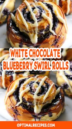 white chocolate blueberry swirl rolls on a plate with text overlay that reads, white chocolate blueberry swirl rolls