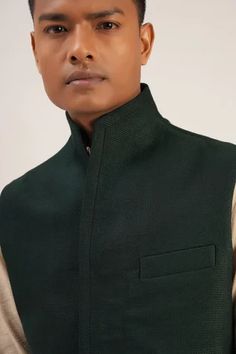 Shop for Dhruv Vaish Green Textured Cotton Silk High Neck Jawahar Jacket for Men Online at Aza Fashions Designer Tailored Nehru Jacket For Winter, Green Nehru Jacket For Winter Formal Events, Festive Green Outerwear With Stand Collar, Designer Nehru Jacket With Stand Collar For Winter, Designer Nehru Jacket With Stand Collar For Work, Winter Workwear Green Vest, Green Nehru Jacket Men, Green Winter Workwear Vest, Transitional Green Chanderi Nehru Jacket