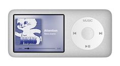 an mp3 player with cartoon character on the front and side panel, in silver color