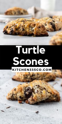 chocolate chip cookies with text overlay that reads turtle scones