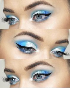 Blue Fairy Makeup Tutorial, Baby Blue Eyeshadow Looks, Makeup Looks Blue Eyeshadow, Latino Makeup, Gymnastics Makeup, Blue And White Makeup, Makeup Looks Blue, Spongebob Makeup, Water Character