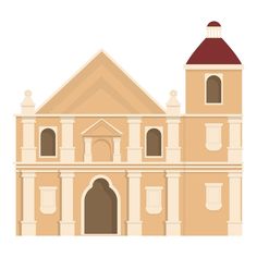 an old church building with two towers and arched doorways, flat style illustration on white background