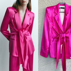 Zara Nwt Blogger Fave Barbiecore Hot Pink Satin Effect Tie Front Blazer Jacket L Lined Wide Tie Belt Lapel Collar New With Tags A Couple Minor Imperfections As Shown Pink Lapel Collar Outerwear For Party, Pink Lapel Collar Party Outerwear, Pink Party Outerwear With Lapel Collar, Elegant Pink Zara Outerwear, Zara Pink Party Outerwear, Pink Zara Party Outerwear, Pink Party Outerwear By Zara, Pleated Blazer, Satin Suit