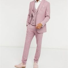 This Is A Topman Suit. Nwt. Paid $350 But Model Never Got The Chance To Wear It. Pink Suits With Welt Pockets For Spring, Pink Tailored Suits For Business Casual, Fitted Pink Pants With Welt Pockets, Formal Fitted Purple Bottoms, Spring Purple Fitted Suits, Pink Notch Lapel Suit With Pockets, Pink Notch Lapel Suits With Pockets, Fitted Purple Blazer With Pockets, Pink Business Suit With Pockets