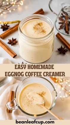 eggnog coffee creamer in a glass mug with cinnamon sticks