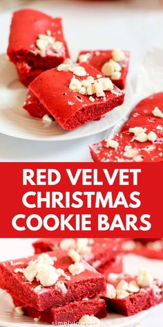 Moist and chewy cake mix red velvet cookie dessert bars are one of our favorite healthy and low-calorie holiday desserts for a crowd. Perfect for a Christmas dinner party, potluck, or dessert table, this yummy guilt-free treat is a must-try. Add it to your Christmas dinner menu and your list of Christmas desserts and holiday goodies to try this year. Red Velvet Cookie Bars, Chewy Cake, Easy Holiday Dessert, Christmas Cookie Bars, Red Velvet Christmas, Cookie Bars Easy, Easy Holiday Desserts