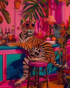 a painting of a tiger sitting at a bar in front of a potted plant