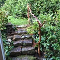 a stone path in the middle of a garden