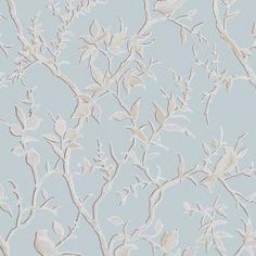 a blue wallpaper with white flowers and birds on the top, in front of a light blue background