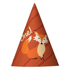 a party hat with an image of a fox and the words, one on it