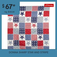 a red, white and blue quilt with the words donna sharp and stripe on it