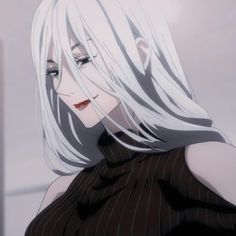 an anime character with white hair and black shirt looking off to the side while standing in front of a window