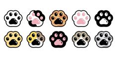 six different colored dog paw prints on a white background, each with an animal's paws