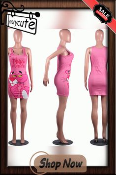 Cute Pink Panther Cartoon Print Sleeveless Mini Dress Pink Stretch Sleeveless Bodycon Dress, Pink Stretch Sleeveless Midi Dress, Pink Stretch Sleeveless Backless Dress, Pink Stretch Sleeveless Evening Dress, Sleeveless Stretch Dress For Day Out, Pink Mini Length Tank Top For Summer, Sleeveless Stretch Summer Dresses, Casual Pink Sleeveless Mini Dress, Pink Sleeveless Midi Dress