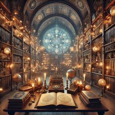 a room filled with lots of books and lit candles